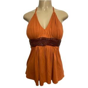 Sky Top Blouse Sleeveless Leather Belt Embellished Orange Brown V Neck Braided L